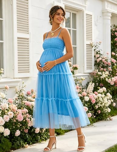 Maternity Midi Dress Spaghetti Strap Smocked Tiered Tulle Gown - size: Small