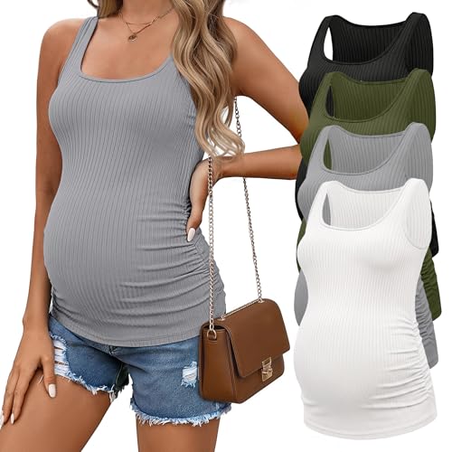Ekouaer 4 Pack Maternity Tank Tops Ribbed Summer Pregnancy Shirts Black/Olive Green/Light Grey/White M