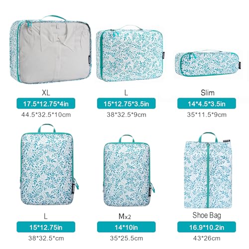 Bagail Ultralight Compression Cubes 7 Set - 3 Packing Cubes, 3 Organizers, and 1 Shoe Bag - color: The Leaf, style: Cloth Pattern