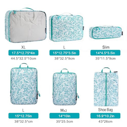 Bagail Ultralight Compression Cubes 7 Set - 3 Packing Cubes, 3 Organizers, and 1 Shoe Bag - color: The Leaf, style: Cloth Pattern