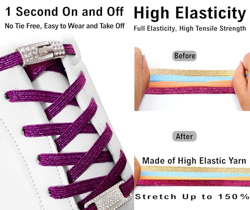 Elastic No Tie Shoe Laces with Bling Diamond Locks & Charms for Women's Sneakers - color: 09 Glitter Purple- Silver