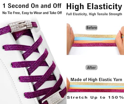 Elastic No Tie Shoe Laces with Bling Diamond Locks & Charms for Women's Sneakers - color: 09 Glitter Purple- Silver