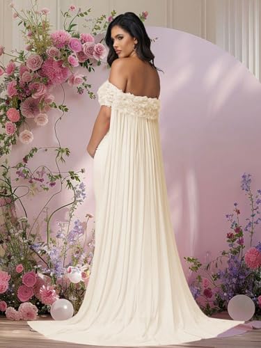 Maternity Mesh Off Shoulder Chiffon Cloak Maxi Photoshoot Dress - color: Beige-a, size: X-Large