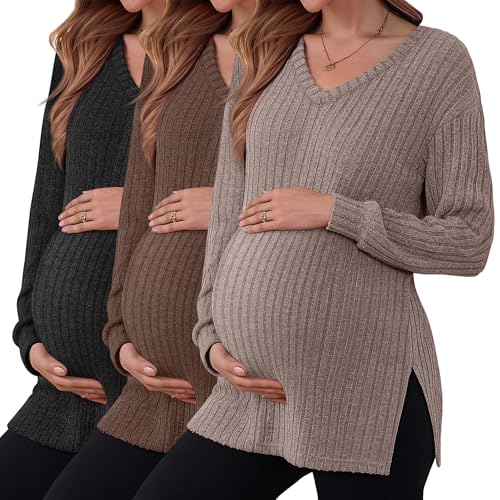 3 Pack Women Ribbed Maternity Sweaters Winter Clothes - color: Black, Dark Camel, Coffee, size: Small