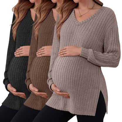 3 Pack Women Ribbed Maternity Sweaters Winter Clothes - color: Black, Dark Camel, Coffee, size: Large