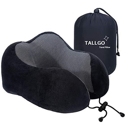 TALLGO Travel Pillow, Best Memory Foam Neck Pillow Head Support Soft Pillow for Sleeping Rest, Airplane Car & Home Use (Black) - color: Black