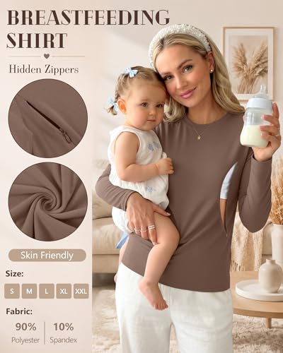 3 Pack Women's Nursing Tops Breastfeeding Shirts Fall - color: Apricot, Khaki, Coffee, size: X-Large