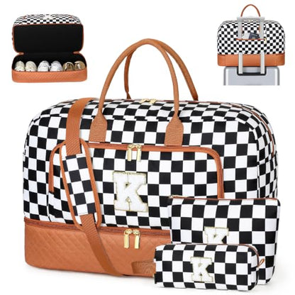 Gifts for Mom, Monogram Weekender Bag for Women Initial Travel Duffle Bag - color: Black & White Checkerboard, style: K