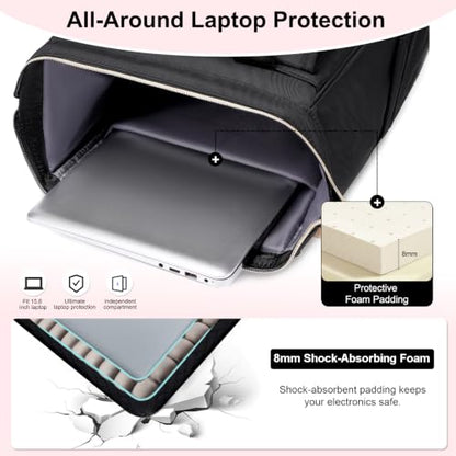 Lunch Backpack For Women, 15.6 Inch Laptop Backpack with Lunchbox - color: Black