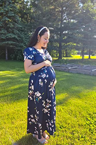 OUGES Women's Wrap V Neck Summer Maternity Photoshoot Dress with Pockets - color: Blue White Floral, size: Medium