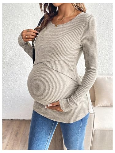 MakeMeChic Women's Maternity Shirts Nursing Top Fall Maternity Clothes - color: Khaki, size: XX-Large