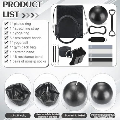 RoundFunny 18Pcs Pilates Ring Set, Women Exercise Accessories - color: Black