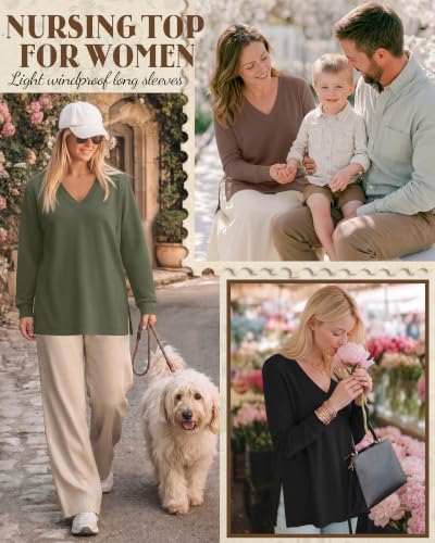 3 Pack Women's Nursing Breastfeeding Long Sleeve Shirts - color: Army Green, Light Brown, Black, size: Large