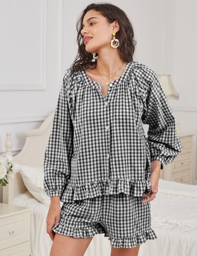 COZYPOIN Womens Gingham Pajama Set 2 Piece 100% Cotton Ruffle Lounge Set - color: Black, size: Large