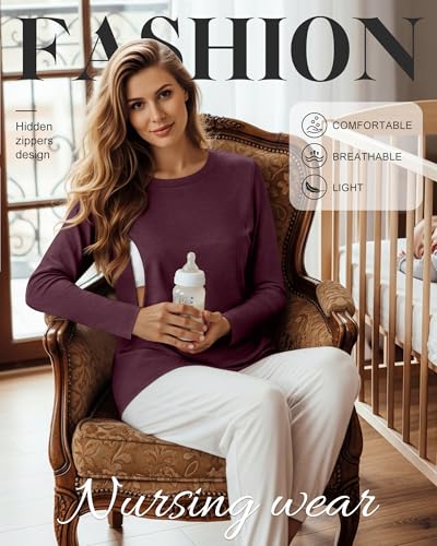 Women's Cotton Modal Maternity Nursing Tops - color: Wine Red, size: X-Large