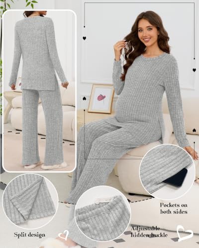 Women's 2 Piece Maternity Ribbed Pajama Outfit - color: Light Gray, size: Small