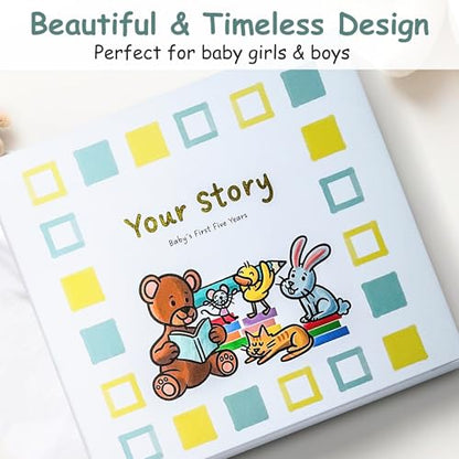 First Five Years Baby Book - Gender-Neutral Design, 77 Fill-In Pages, Hard Cover & Protective Box