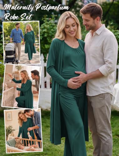 Women 3PCS Maternity Robe Sets Nursing Pajamas Postpartum Breastfeeding Pjs - color: Lake Green, size: Small
