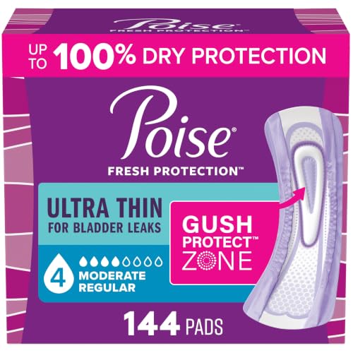 Poise Ultra Thin Incontinence Pads & Postpartum Pads for Bladder Leaks, 4 Drop Moderate Absorbency, Regular Length, 144 Count, Packaging May Vary - size: Regular Length