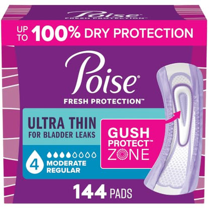 Poise Ultra Thin Incontinence Pads & Postpartum Pads for Bladder Leaks, 4 Drop Moderate Absorbency, Regular Length, 144 Count, Packaging May Vary - size: Regular Length