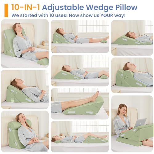 Sasttie Adjustable Wedge Pillow Set for After Surgery, Sage - color: Sage, size: Adjustable 9&12 Inch + 1 Head Pillow