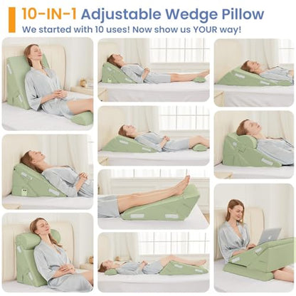 Sasttie Adjustable Wedge Pillow Set for After Surgery, Sage - color: Sage, size: Adjustable 9&12 Inch + 1 Head Pillow