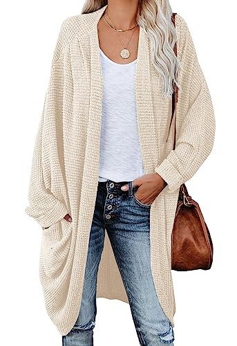 Womens Open Front Knit Cardigan Long Batwing Sleeve Oversized Sweater Chunky Waffle Cable Boho Pockets Coat - color: Beige White, size: Small