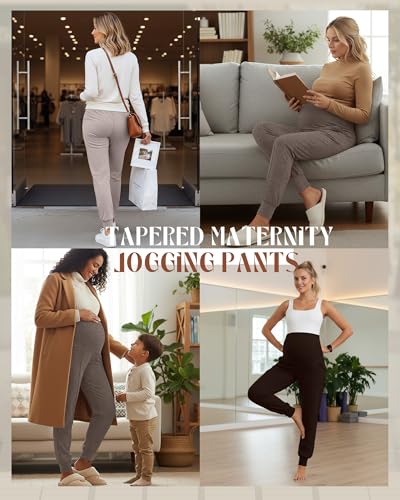 Oakgarden 3 Pack Women's Maternity Pants Over the Belly Joggers - color: Dark Brown, Light Coffee, Gray Apricot, size: Medium