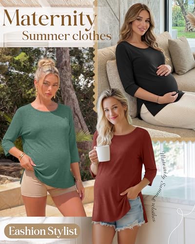 3 Pack Women's 3/4 Sleeve Maternity Loose Crewneck Tops - color: Brick Red, Emerald Green, Black, size: Large