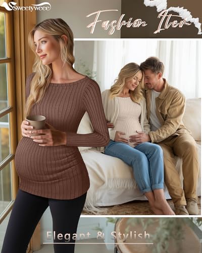 3 Pack Maternity Sweaters Long Sleeve Pregnancy Tops - color: Dark Brown, Apricot, Black, size: Small