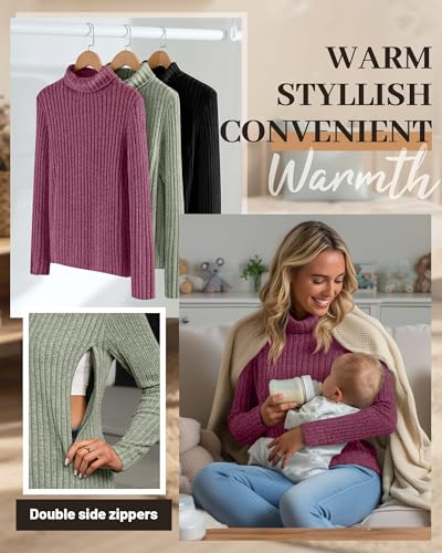 3 Pack Womens Turtleneck Nursing Tops Ribbed Sweaters - color: Wine Red, Gray Green, Black, size: Small
