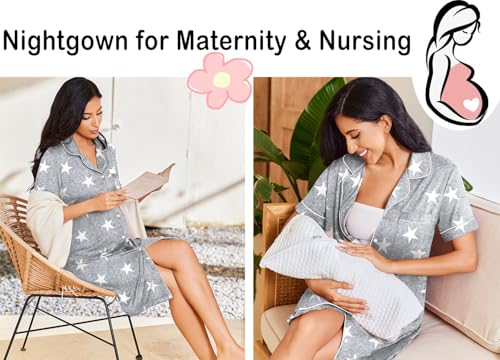Ekouaer Nightgowns for Women Bamboo Viscose Button Down Sleepshirts - color: Grey Stars, size: XX-Large