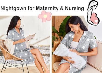Ekouaer Nightgowns for Women Bamboo Viscose Button Down Sleepshirts - color: Grey Stars, size: XX-Large