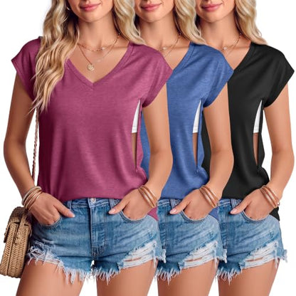 3 Pack Womens Nursing Tops V Neck - color: Fuchsia, Dark Blue, Black, size: X-Large