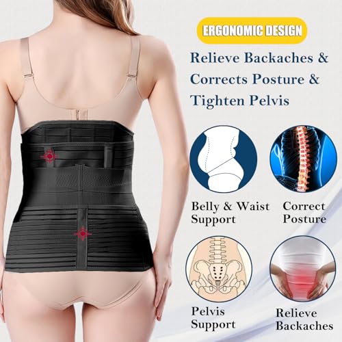 ChongErfei 3 in 1 Postpartum Belly Wrap Recovery Band Belt Abdominal Binder - color: Black, size: S/M