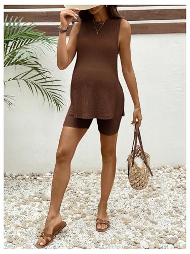 OYOANGLE Women's Two Piece Maternity Outfit Slit Hem Sleeveless Shorts Set - color: Brown, size: Medium