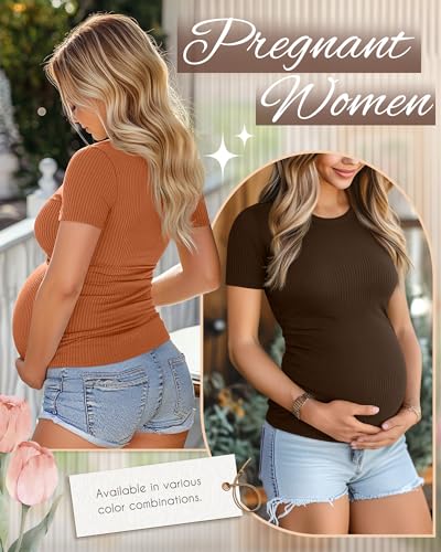 Ficerd 3 Pack Women's Short Sleeve Maternity Shirts - color: Coffee, Pumpkin, Teal, size: Medium