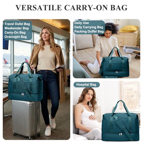 Travel Duffel Bag,Overnight Weekender Bags for Women with Shoe Compartment - color: Peacock Blue