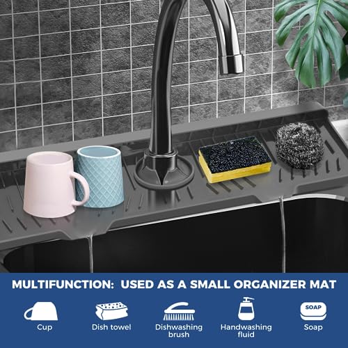 24" Splash Guard Plus Size Silicone Sink Faucet Drying Mat Handle Drip Catcher Tray Dish Sponge Holder Kitchen Accessories Protector Home Organization Gadgets Organizer - size: Grey(1Pack): 23.4"x5.7"