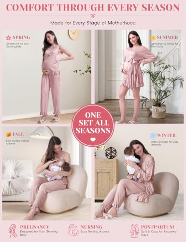 SUNNYBUY 3 PCS Ruffle Maternity Nursing Pajamas Set & Robe for Postpartum - color: Dusty Rose, size: Medium
