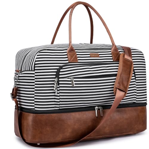 Large Women Travel Weekender Bag: Carry on Duffle with Shoe Compartment - color: Black Striped Basic