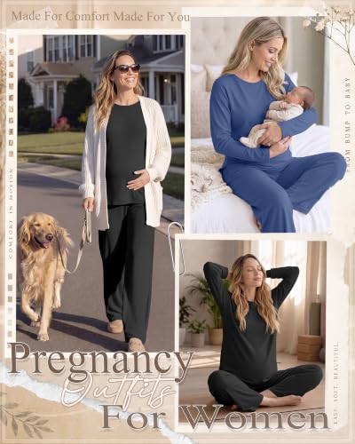 Huukeay 2 Pack Maternity Long Sleeve Pajamas Sets - color: Black, Haze Blue, size: Medium