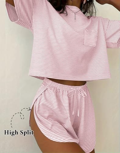 Ekouaer Womens Pajama Sets Sexy Lounge Sets Side Split Short Pj Sets - color: Pink and White Stripes, size: Medium