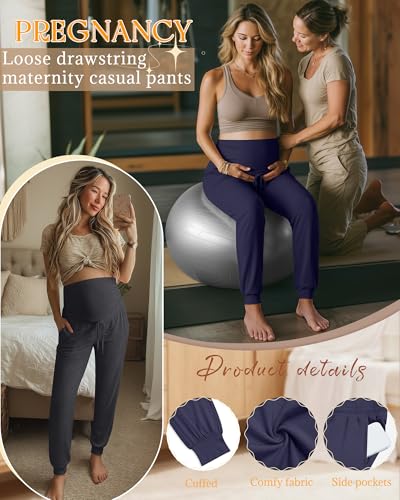 3 Pack Womens Maternity Pants Loose Pregnancy Joggers - color: Navy Blue, Dark Heather Gray, Black, size: Medium
