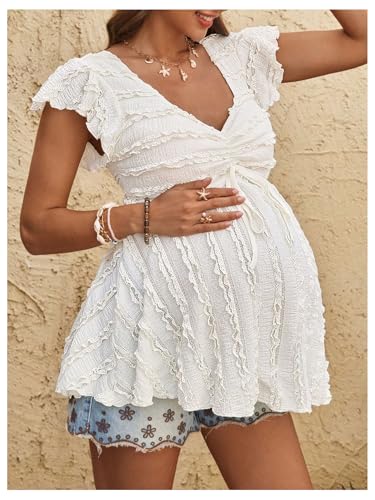 MakeMeChic Women's Maternity Shirts Summer Ruffle Sweetheart Babydoll Tops - size: Large