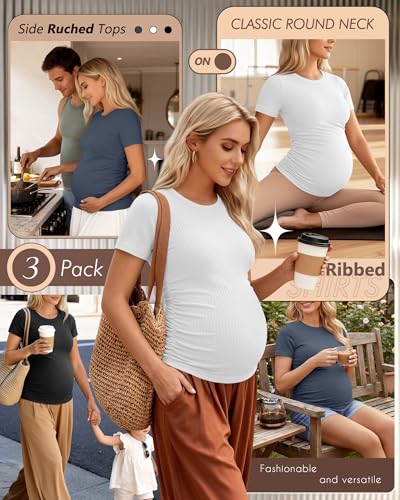 Ficerd 3 Pack Women's Short Sleeve Maternity Shirts - color: Black, White, Haze Blue, size: X-Large