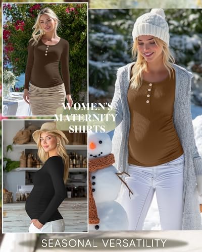 4 Pack Maternity Long Sleeve Shirts Pregnancy Tops - color: Black, Coffee, Brown, Apricot, size: Small