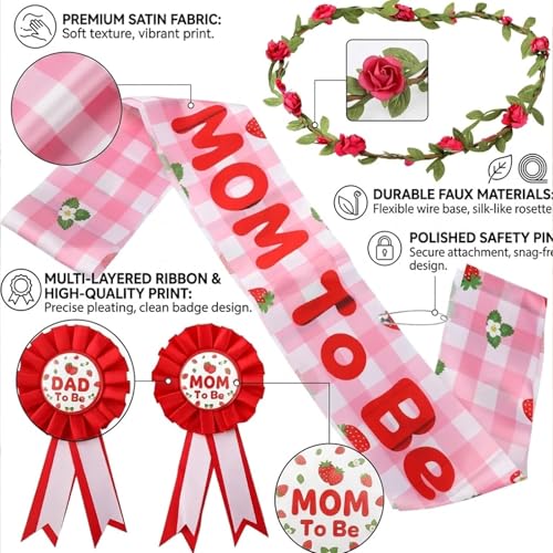 Strawberry Baby Shower Sash Set, Mom and Dad to Be Pins, 3 Pack