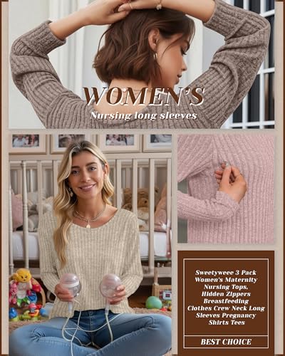3 Pack Maternity Nursing Ribbed Long Sleeve Tops - color: Apricot, Coffee, Pink, size: Medium