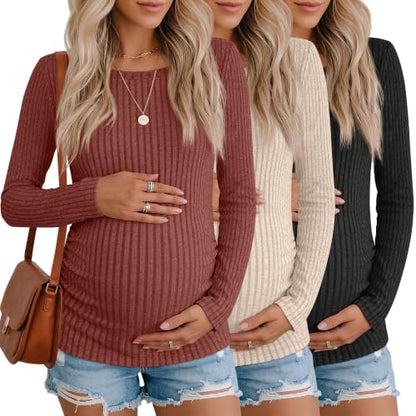 3 Pack Maternity Sweaters Long Sleeve Pregnancy Tops - color: Dark Pumpkin, Apricot, Black, size: Medium